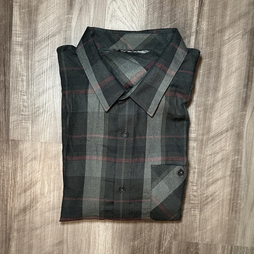 Travis Mathew Men's Dark Gray Plaid Button-Up Shirt Soft Thin